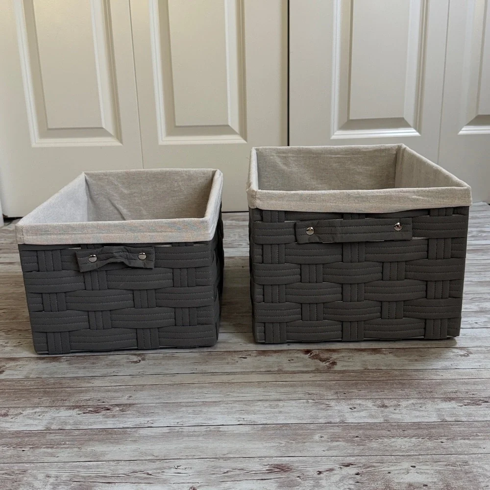 Pair Woven Fabric Baskets with Linen Liner Gray Beige 15